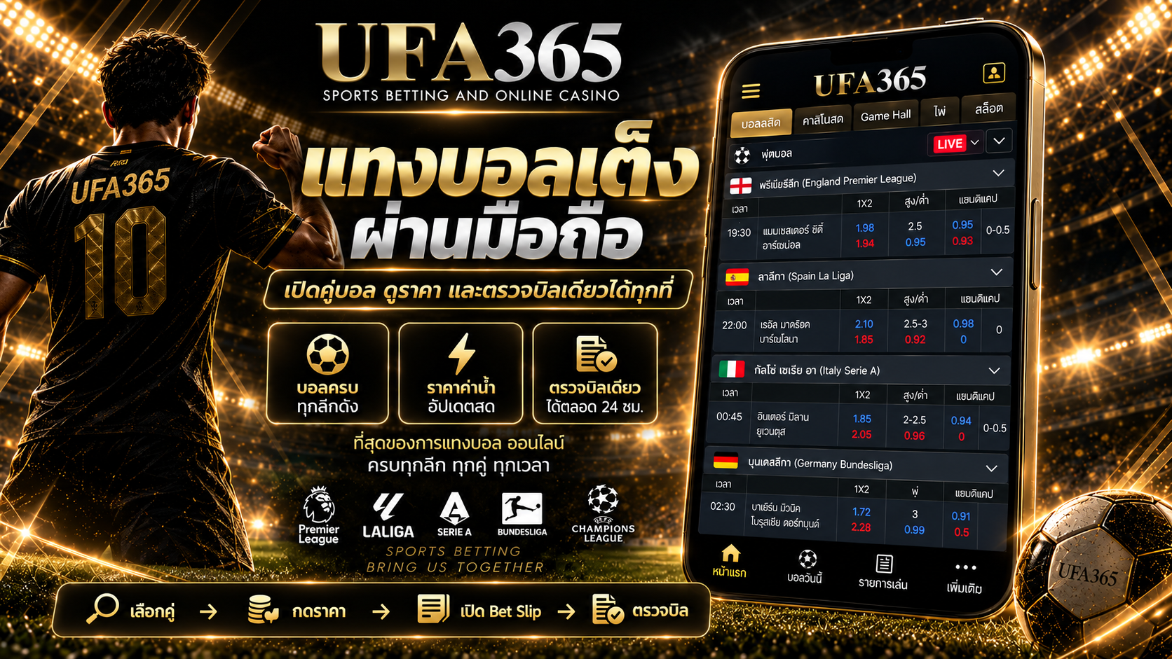 วิธีแทงบอลเต็ง UFA365 เลือกคู่ ตลาด ราคา และ Bet Slip
