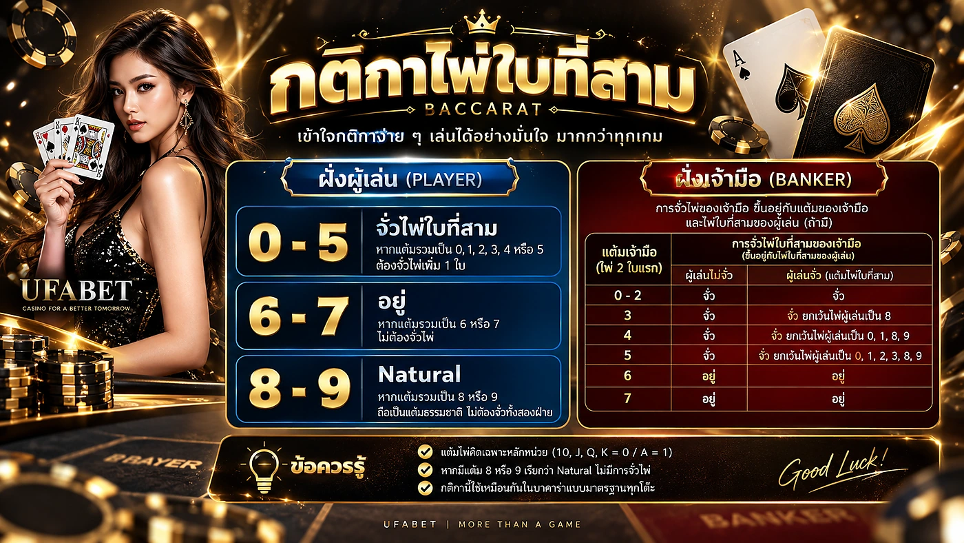 กติกาไพ่ใบที่สาม บาคาร่า UFA365 Third Card Rule Player และ Banker