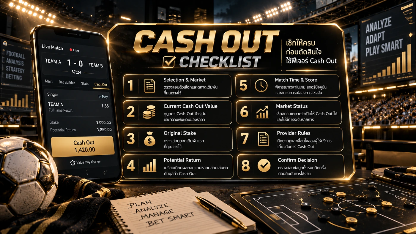 Cash Out Checklist Selection มูลค่าปัจจุบัน Stake Return Match Time Market Status และ Provider Rules