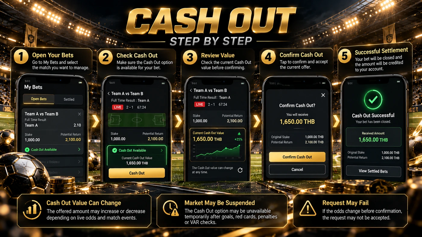 ขั้นตอน Cash Out เปิดบิล ตรวจมูลค่า ยืนยัน และรอสถานะสำเร็จ