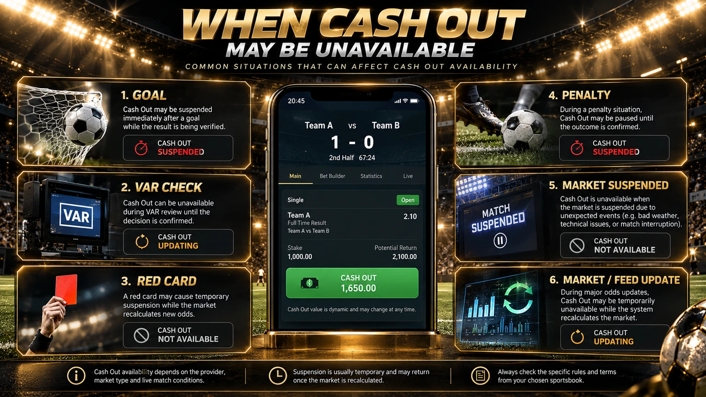 Cash Out unavailable เมื่อมี Goal VAR Red Card Penalty Market Suspension หรือ Feed Update