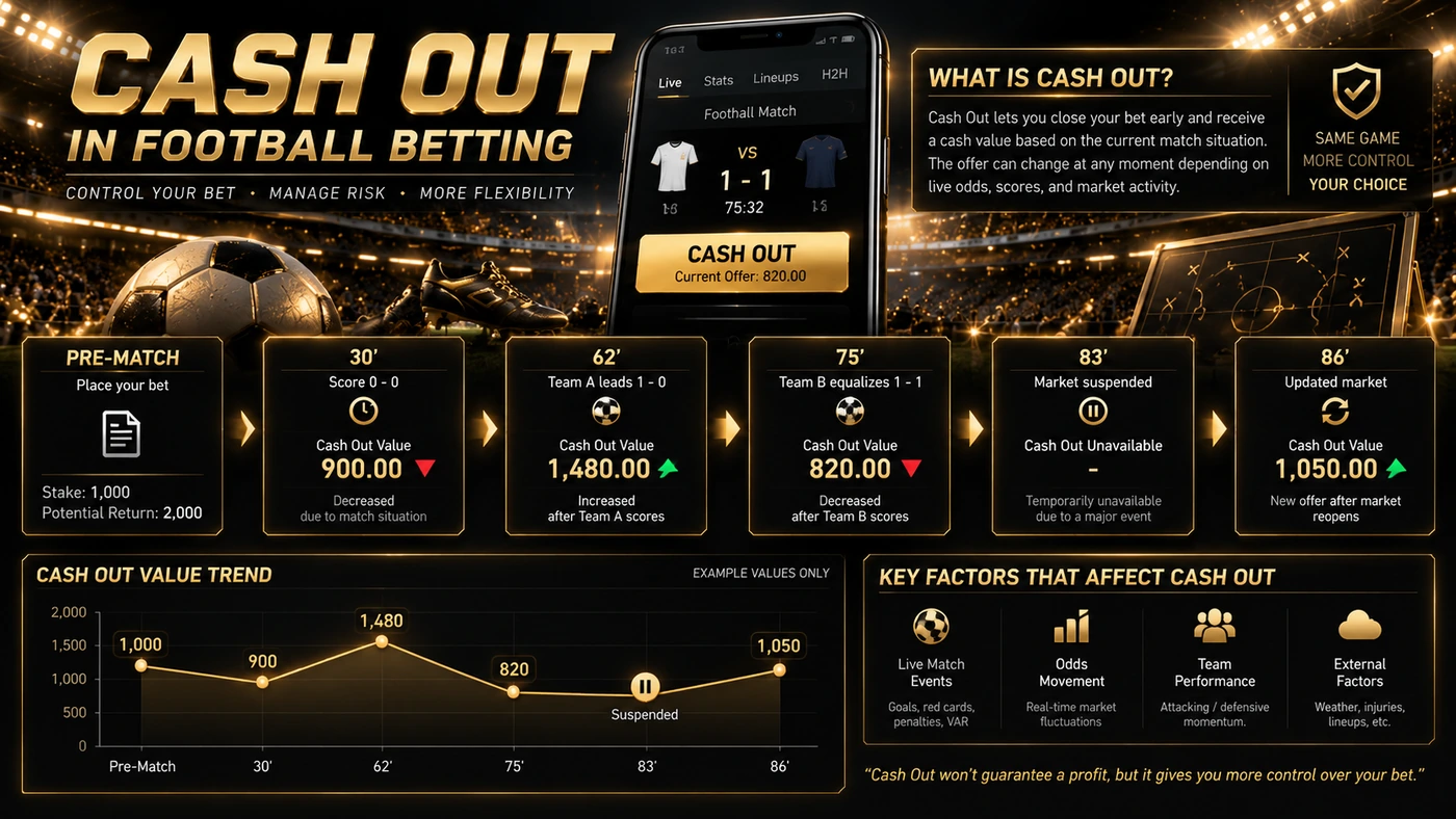 Cash Out Value เปลี่ยนตามสกอร์ เวลา ราคา และสถานะตลาดฟุตบอล