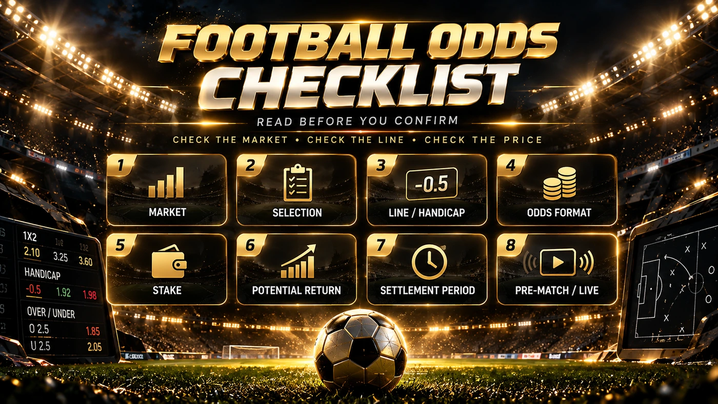 Football Odds Checklist Market Selection Line Odds Format Stake Return Settlement Period และ Live