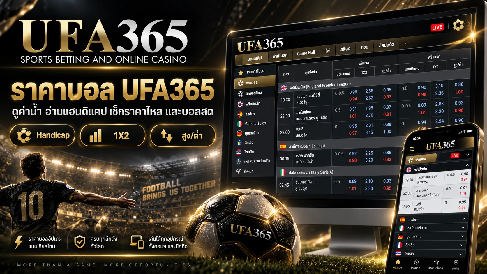ราคาบอล UFA365 ดูค่าน้ำ แฮนดิแคป 1X2 สูงต่ำ และบอลสด