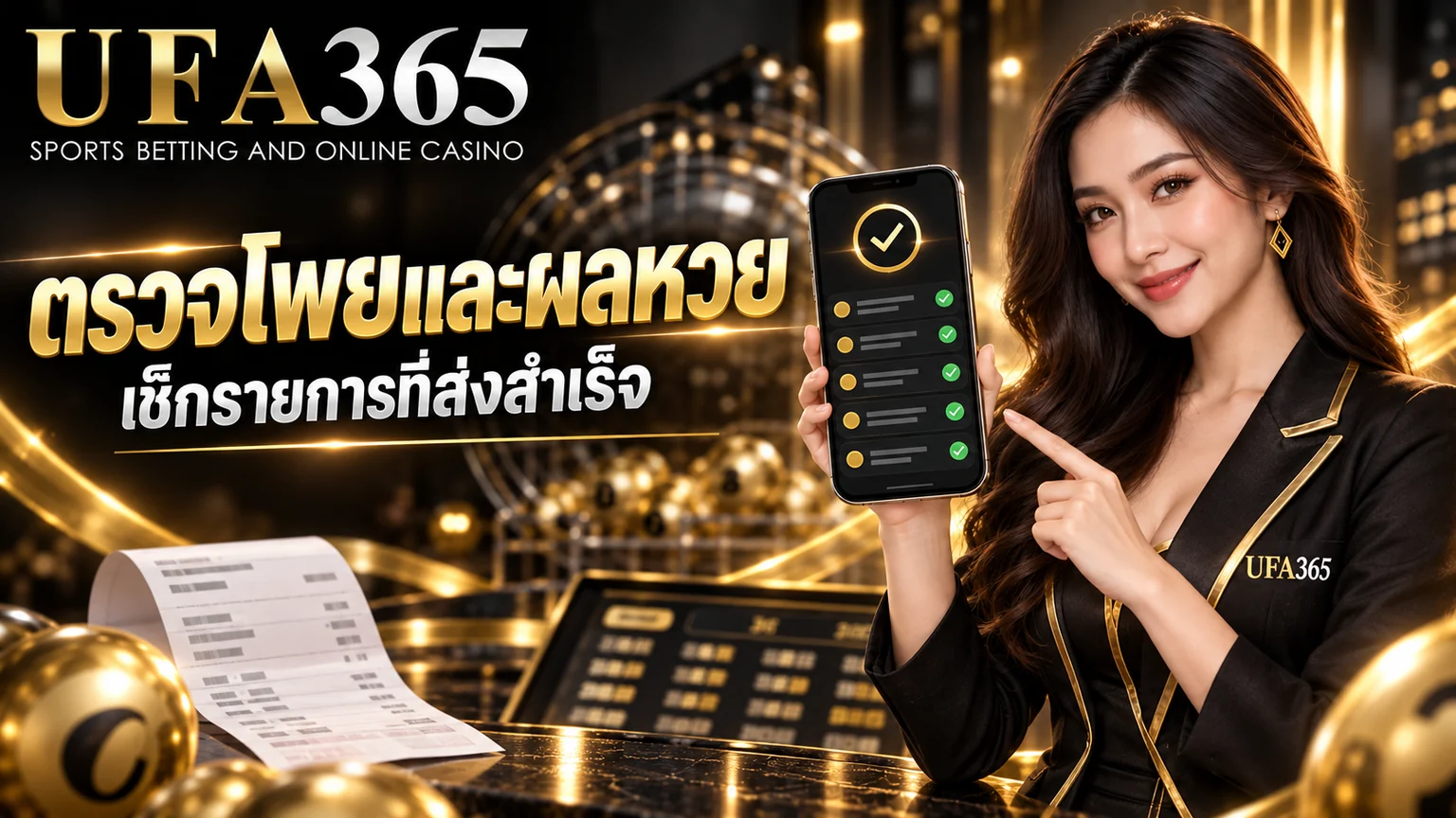 แบนเนอร์ตรวจโพยและผลหวย UFA365 พร้อมนางแบบและประวัติรายการ