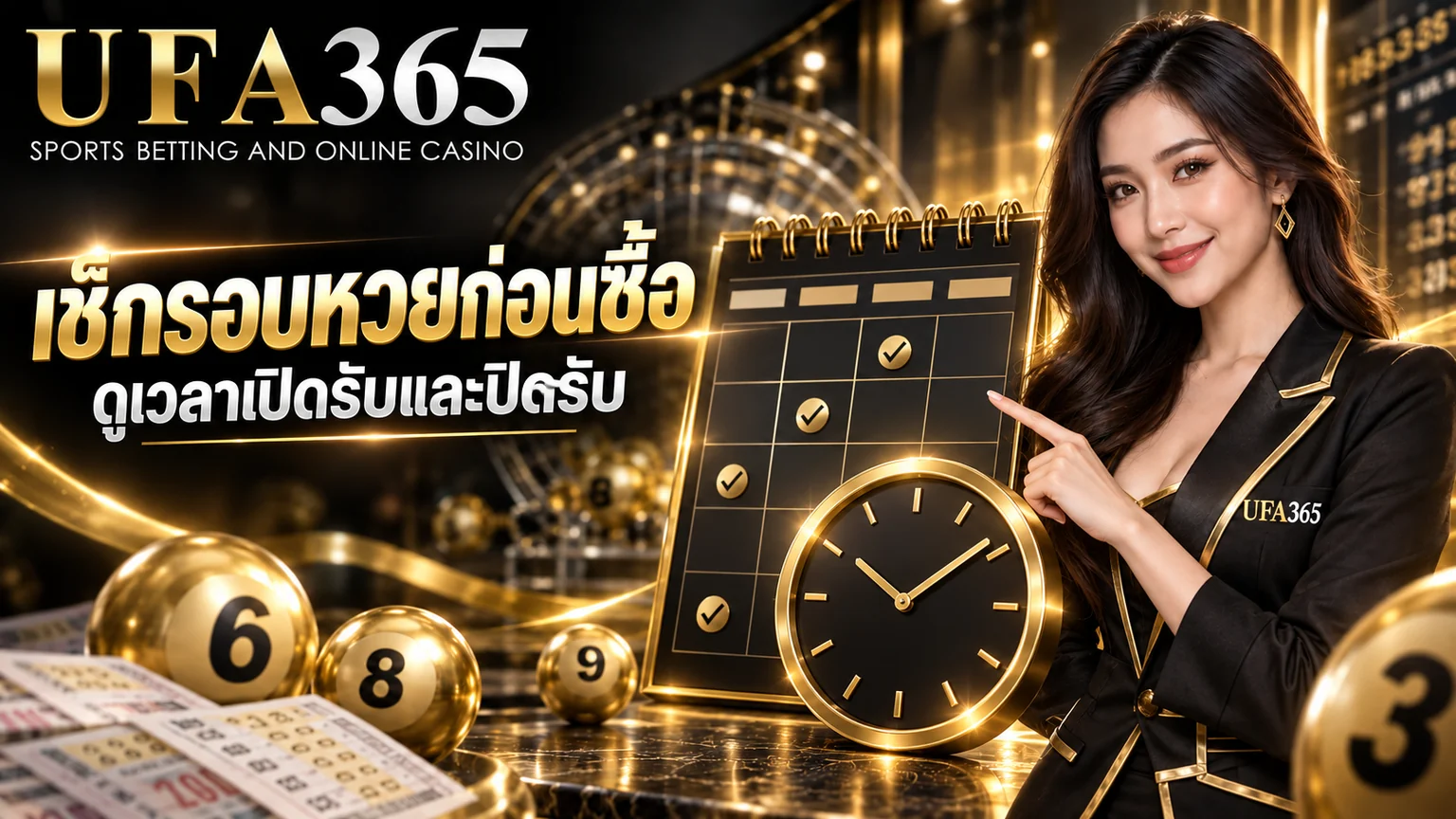 แบนเนอร์เช็กรอบหวยก่อนซื้อ UFA365 พร้อมนางแบบ ปฏิทิน และนาฬิกา