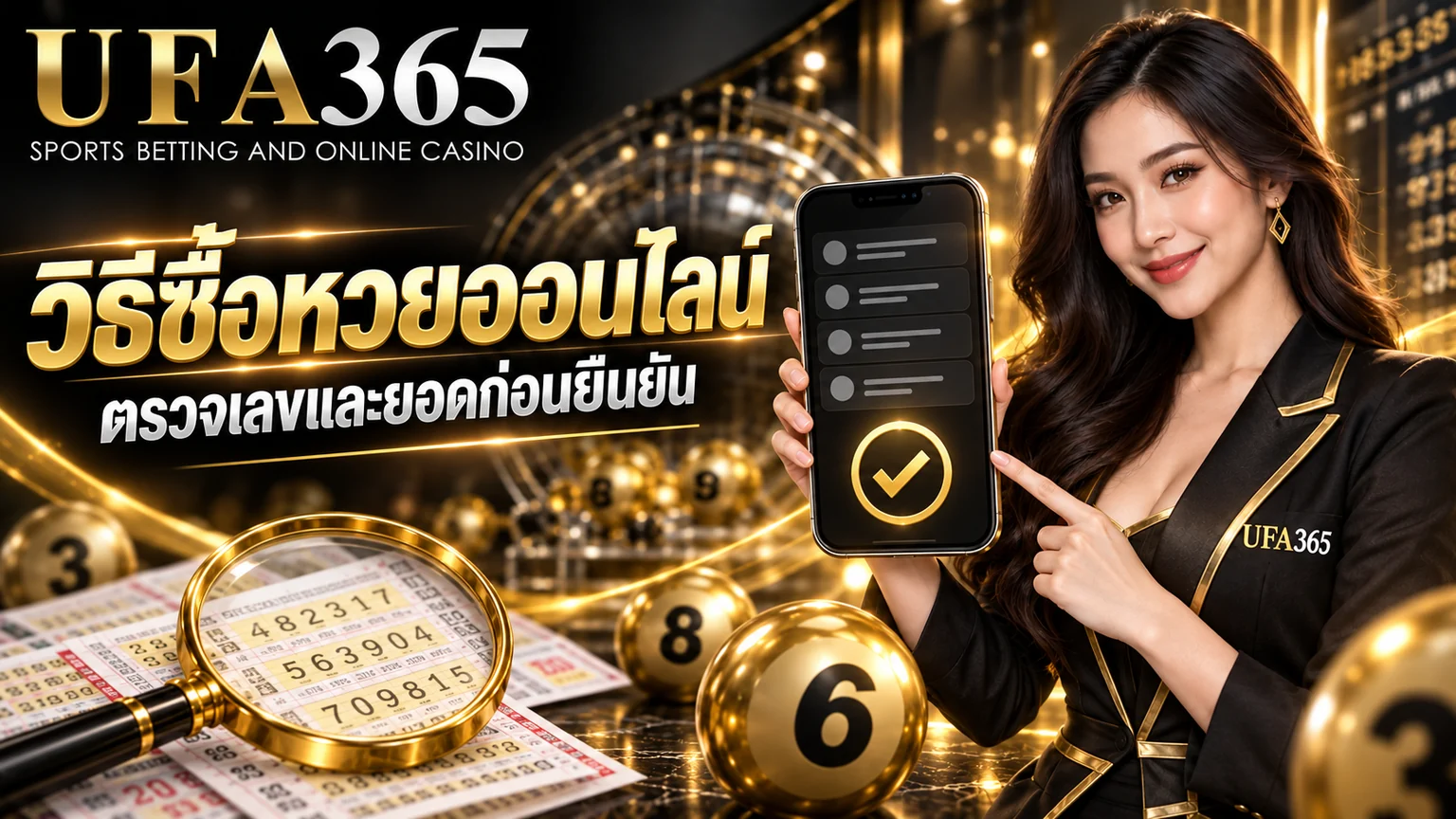 แบนเนอร์วิธีซื้อหวยออนไลน์ UFA365 พร้อมนางแบบและภาพตรวจรายการก่อนยืนยัน