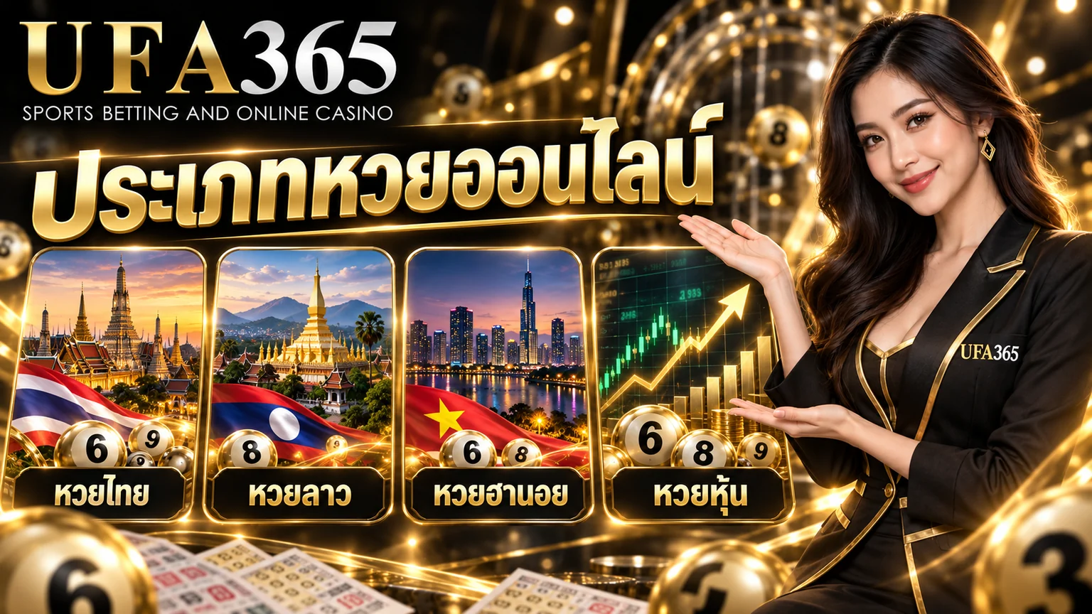 แบนเนอร์ประเภทหวยออนไลน์ UFA365 พร้อมนางแบบและภาพแทนหวยไทย หวยลาว หวยฮานอย หวยหุ้น