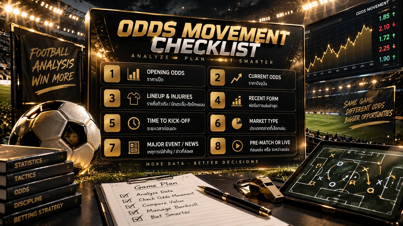 Odds Movement Checklist ราคาเปิด ราคาปัจจุบัน Line-up ฟอร์ม เวลา Market และ Pre-Match Live