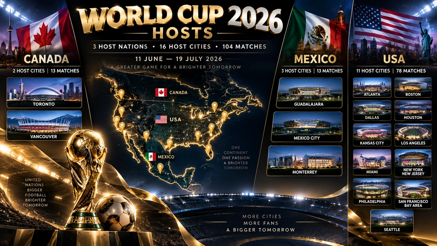ประเทศและเมืองเจ้าภาพฟุตบอลโลก 2026 แคนาดา เม็กซิโก สหรัฐอเมริกา