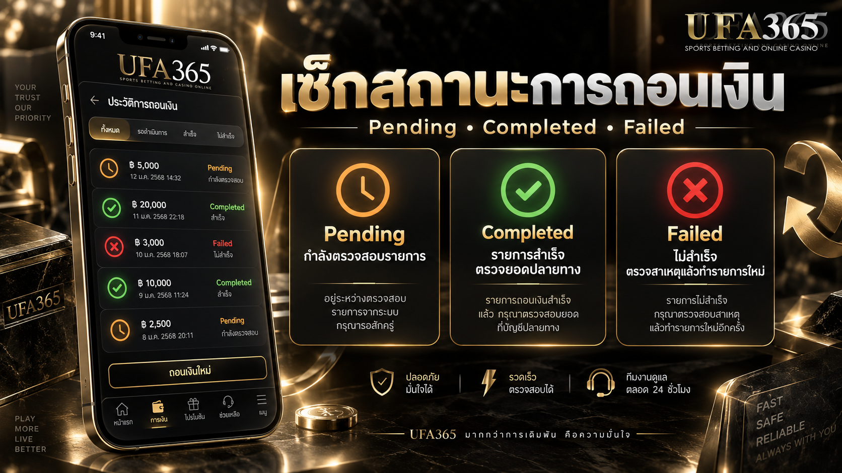 UFA365 เช็กสถานะการถอนเงิน Pending Completed Failed